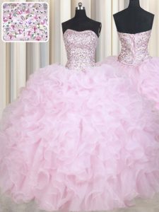 Top Selling Baby Pink Sleeveless Organza Lace Up 15 Quinceanera Dress for Military Ball and Sweet 16 and Quinceanera