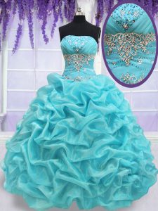 Pick Ups Ball Gowns Quinceanera Dress Aqua Blue Strapless Organza Sleeveless Floor Length Lace Up