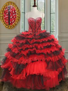 Fashionable Red And Black Sweetheart Lace Up Beading Quinceanera Gowns Sleeveless