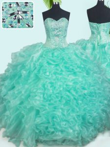 Shining Turquoise Ball Gowns Beading and Ruffles 15 Quinceanera Dress Lace Up Organza Sleeveless Floor Length