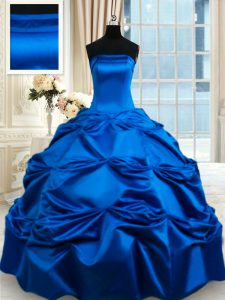 High Quality Royal Blue Ball Gowns Strapless Sleeveless Taffeta Floor Length Lace Up Pick Ups Vestidos de Quinceanera