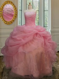Pink Ball Gowns Strapless Sleeveless Organza Floor Length Lace Up Embroidery and Pick Ups Sweet 16 Dress