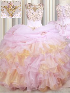 Scoop Beading and Ruffles and Pick Ups Quinceanera Dresses Pink Lace Up Sleeveless With Train Court Train