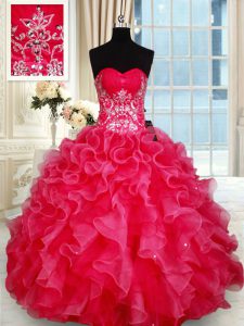 Shining Red Ball Gowns Organza Sweetheart Sleeveless Beading and Ruffles Floor Length Lace Up Quinceanera Dresses