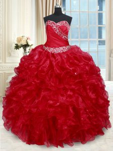 Cute Red Sleeveless Beading and Ruffles Floor Length Quinceanera Gown