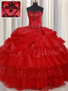 Exceptional Sequins Pick Ups Ruffled Ball Gowns Vestidos de Quinceanera Red Sweetheart Organza Sleeveless Floor Length L