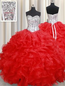 Organza Sweetheart Sleeveless Lace Up Beading and Ruffles Quinceanera Dresses in Red