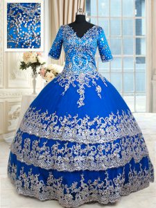 Pretty Royal Blue V-neck Neckline Beading and Lace and Ruffled Layers Sweet 16 Dresses Half Sleeves Zipper