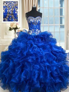 Custom Fit Sleeveless Organza Floor Length Lace Up Sweet 16 Quinceanera Dress in Royal Blue with Beading and Ruffles and