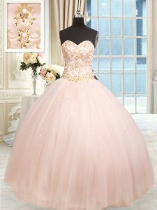 Affordable Baby Pink Sweetheart Neckline Beading and Embroidery Sweet 16 Dresses Sleeveless Lace Up