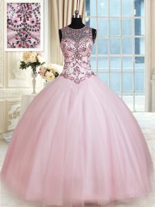 Scoop Sleeveless Lace Up 15 Quinceanera Dress Baby Pink Tulle
