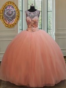 Scoop Tulle Sleeveless Floor Length Quinceanera Gown and Beading and Sequins