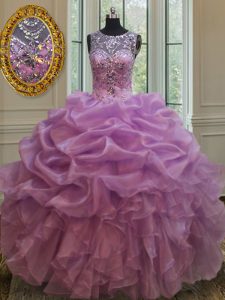 Colorful See Through Lilac Scoop Lace Up Beading and Ruffles Quinceanera Gowns Sleeveless