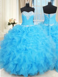 Clearance Baby Blue Sweetheart Neckline Beading and Ruffles and Ruffled Layers Ball Gown Prom Dress Sleeveless Lace Up