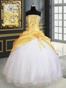 Yellow And White Ball Gowns Strapless Sleeveless Organza and Taffeta Floor Length Lace Up Beading and Pick Ups and Hand 