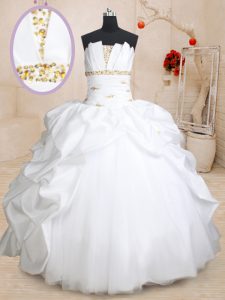 Nice Scoallped Taffeta and Tulle Scalloped Sleeveless Lace Up Beading and Pick Ups Sweet 16 Quinceanera Dress in White