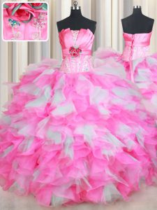 Strapless Sleeveless Lace Up Sweet 16 Dress Pink And White Organza and Tulle