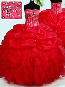 Pick Ups Ball Gowns Sweet 16 Dress Red Sweetheart Organza Sleeveless Floor Length Lace Up