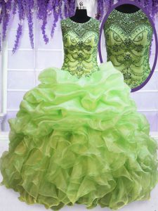 Scoop See Through Ball Gowns Beading and Ruffles and Pick Ups 15th Birthday Dress Lace Up Organza Sleeveless Floor Lengt