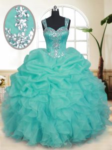 Simple Turquoise Zipper Straps Beading and Ruffles and Pick Ups Vestidos de Quinceanera Organza Sleeveless