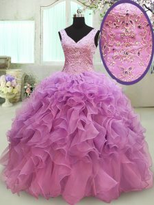 Flare Lilac Sleeveless Floor Length Beading and Ruffles Lace Up Sweet 16 Dresses