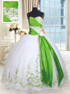 Floor Length Lace Up 15th Birthday Dress White and Green for Military Ball and Sweet 16 and Quinceanera with Embroidery 