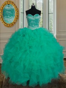 Sleeveless Organza Floor Length Lace Up Sweet 16 Dress in Turquoise with Beading and Ruffles