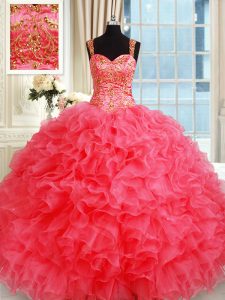 Straps Sleeveless 15th Birthday Dress Floor Length Beading and Ruffles Coral Red Organza