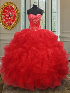 Red Sleeveless Beading and Ruffles Floor Length Quince Ball Gowns
