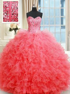 Coral Red Organza Lace Up Vestidos de Quinceanera Sleeveless Floor Length Beading and Ruffles