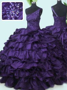 One Shoulder Sleeveless Quinceanera Dresses Floor Length Beading and Pick Ups Purple Taffeta