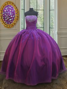 Designer Floor Length Purple 15th Birthday Dress Organza Sleeveless Beading