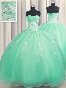 Turquoise Sleeveless Beading and Appliques Floor Length Quinceanera Dress