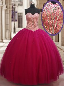 On Sale Sweetheart Sleeveless Lace Up 15th Birthday Dress Fuchsia Tulle