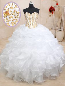 Graceful White Organza Lace Up Sweetheart Sleeveless Floor Length Sweet 16 Dresses Beading and Ruffles
