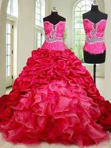 See Through Sleeveless Chapel Train Lace Up With Train Beading and Ruffles and Pick Ups Quinceanera Gown