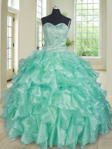 Most Popular Apple Green Organza Lace Up Sweetheart Sleeveless Floor Length Sweet 16 Quinceanera Dress Beading and Ruffl