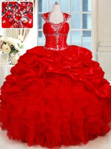 High Quality Pick Ups Red Cap Sleeves Organza and Taffeta Backless Quinceanera Dresses for Military Ball and Sweet 16 an