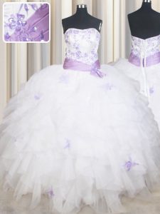 Delicate Strapless Sleeveless Lace Up Quinceanera Gowns White Tulle