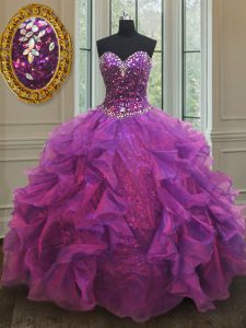 Attractive Floor Length Purple Vestidos de Quinceanera Organza Sleeveless Beading and Ruffles and Sequins