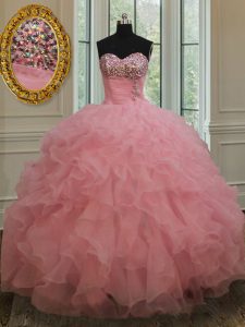 Designer Organza Sleeveless Quinceanera Gowns and Beading and Ruffles and Sequins