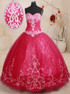 Coral Red Sleeveless Floor Length Beading and Appliques and Embroidery Lace Up Vestidos de Quinceanera