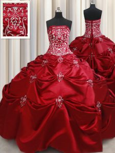 Extravagant Wine Red Taffeta Lace Up Strapless Sleeveless Floor Length Sweet 16 Dresses Beading and Pick Ups