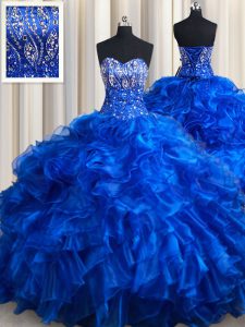 Customized Ball Gowns Sleeveless Royal Blue Quinceanera Dresses Brush Train Lace Up