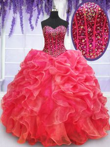 Edgy Floor Length Lace Up Quinceanera Dress Coral Red for Military Ball and Sweet 16 and Quinceanera with Beading and Ru
