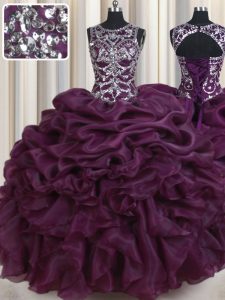 Artistic Scoop Dark Purple Ball Gowns Beading and Ruffles and Pick Ups Quinceanera Gown Lace Up Organza Sleeveless Floor