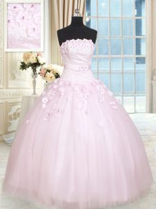 Attractive Strapless Sleeveless Tulle Quince Ball Gowns Beading and Appliques Lace Up