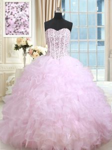 Custom Designed Lilac Organza Lace Up Sweet 16 Dresses Sleeveless Floor Length Beading and Ruffles and Ruffled Layers