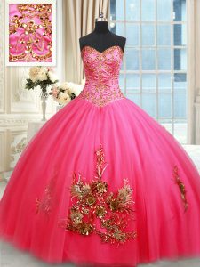 Hot Pink Sleeveless Floor Length Beading and Appliques Lace Up Ball Gown Prom Dress