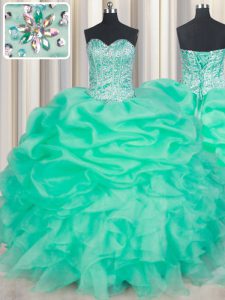 High End Apple Green Sleeveless Floor Length Beading and Ruffles and Pick Ups Lace Up Vestidos de Quinceanera